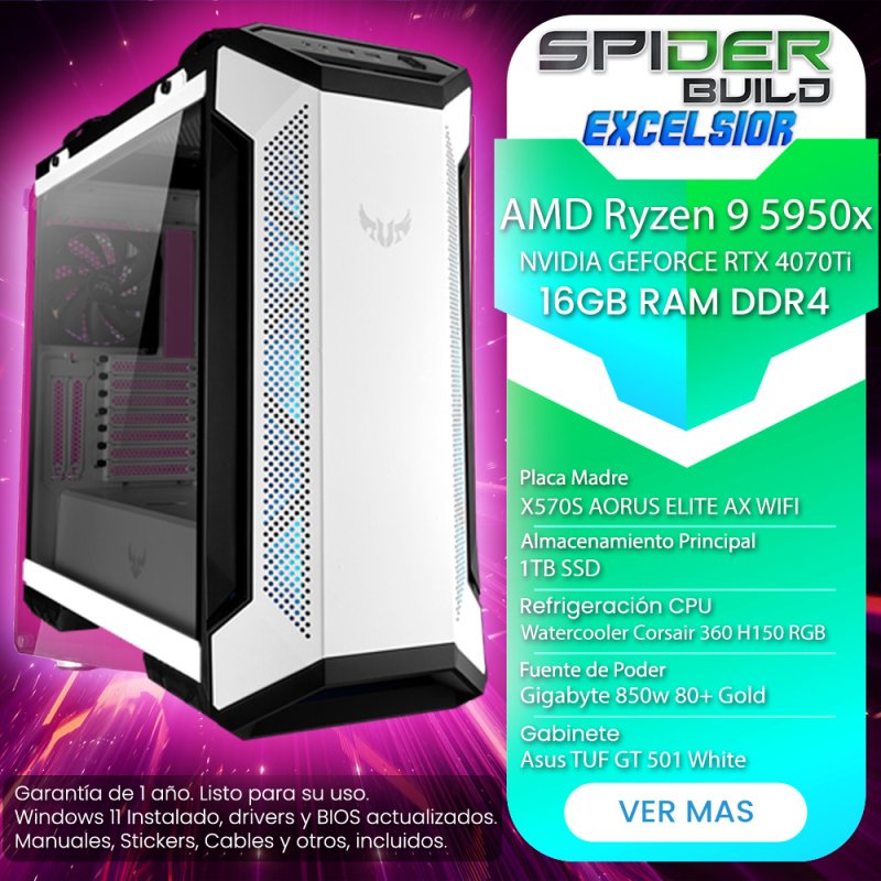 Spider Build Excelsior AMD Ryzen 9 5950x | RTX 4070Ti | 32GB RAM |  X570S AORUS ELITE AX WIFI | 1TB SSD